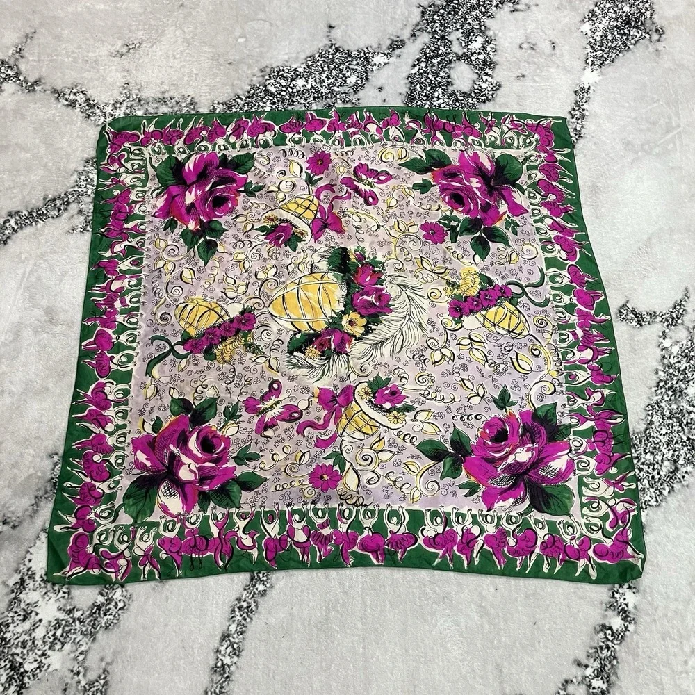 Vintage 100% Silk Floral Square Scarf Pink Green Rose Butterfly Hand Rolled